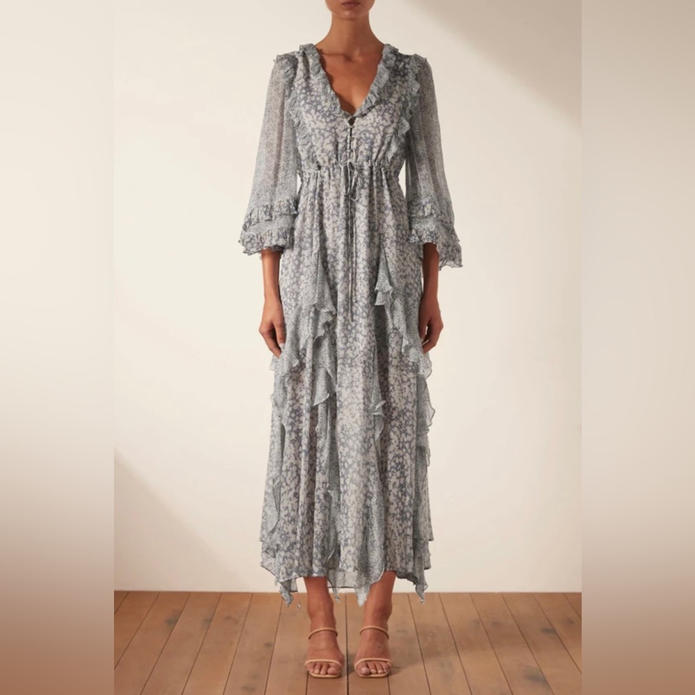 SHONA JOY CANDICE BALLOON SLEEVE FRILL MIDI DRESS